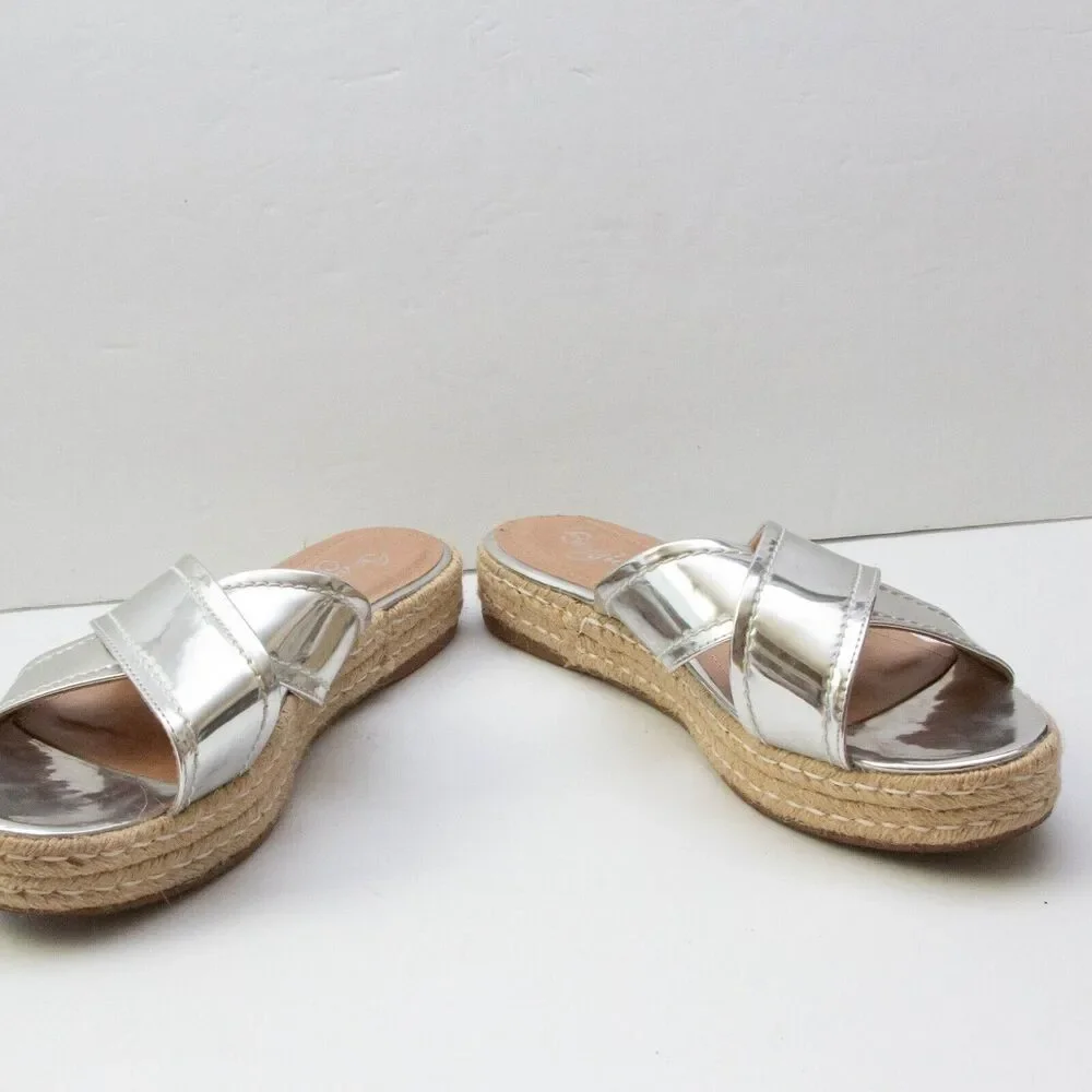 Sergio Zelcer Metallic Silver Chrome Cross Strips Slip On Platform Sandals 10